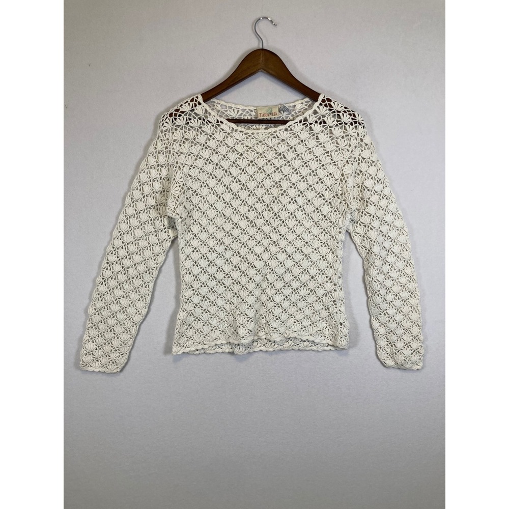 Tarazzia Crochet Knit Sweater Vintage Medium‎ Cream Ramie Cotton Boho Open Weave